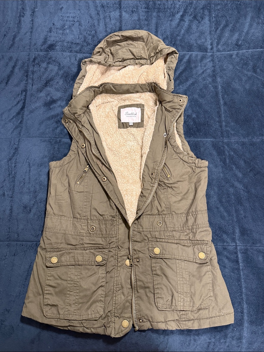 Sleeveless Hooded Utility Vest with Sherpa Lining - Olive